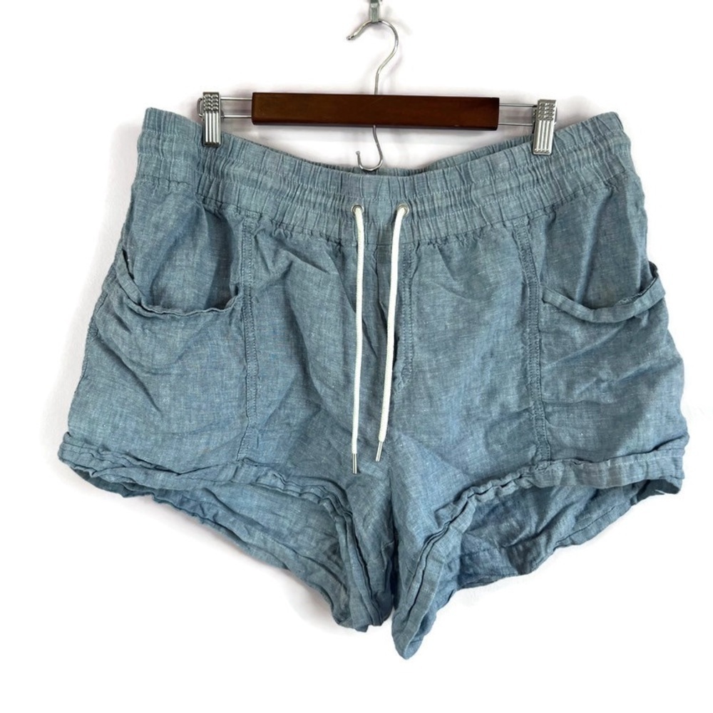 ATHLETA CABO Drawstring Elastic Waist 4" Linen Shorts Blue Chambray Size 18